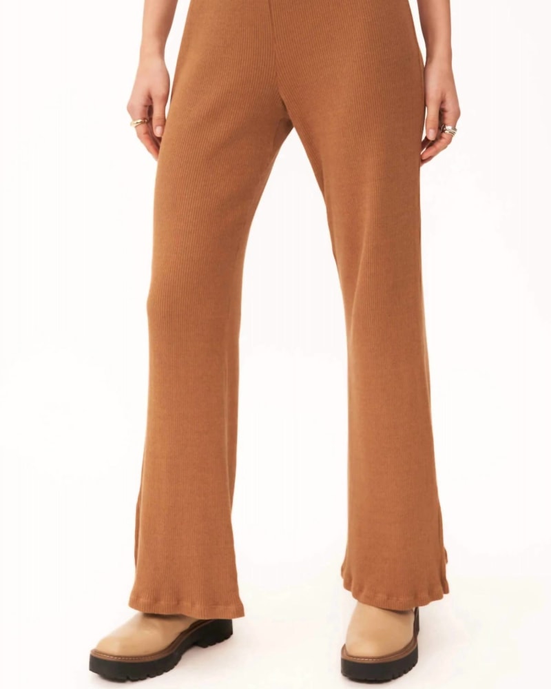 Front of a model wearing a size L Sure Shot Side Slit Pant In Caramel in Caramel by PROJECT SOCIAL T. | dia_product_style_image_id:356460